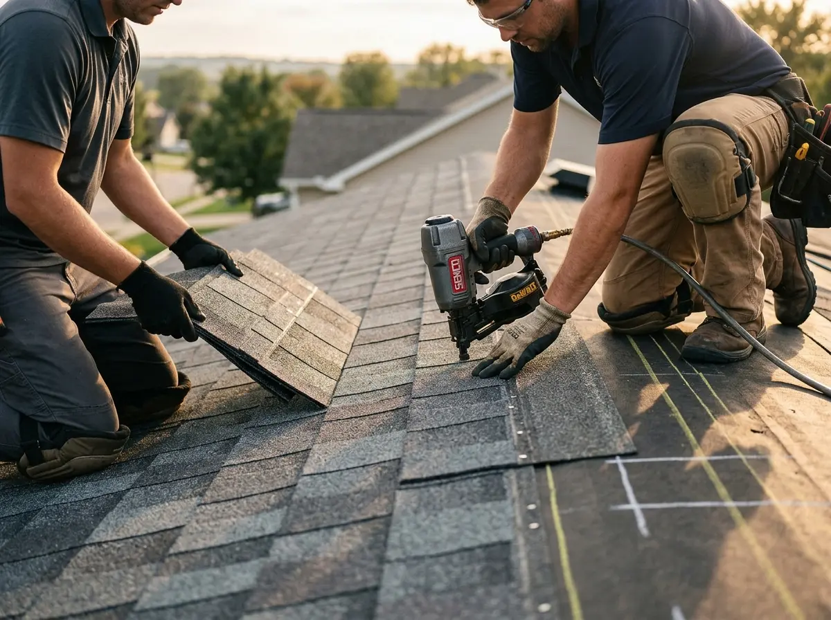 Professional roofer working on a residential roof in Todd Creek